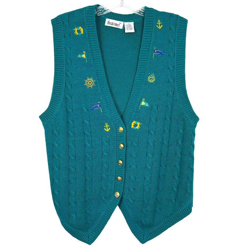 That's Me! Vintage Unisex Knit-Crochet Vest Teal/Blue Cardigan Sleeveless Size S